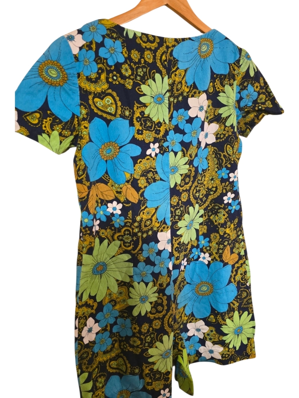 Vintage 70s Floral Romper Psych Mod Hippie Daisy Print Mini Jumpsuit Blue Green - Picture 3 of 15
